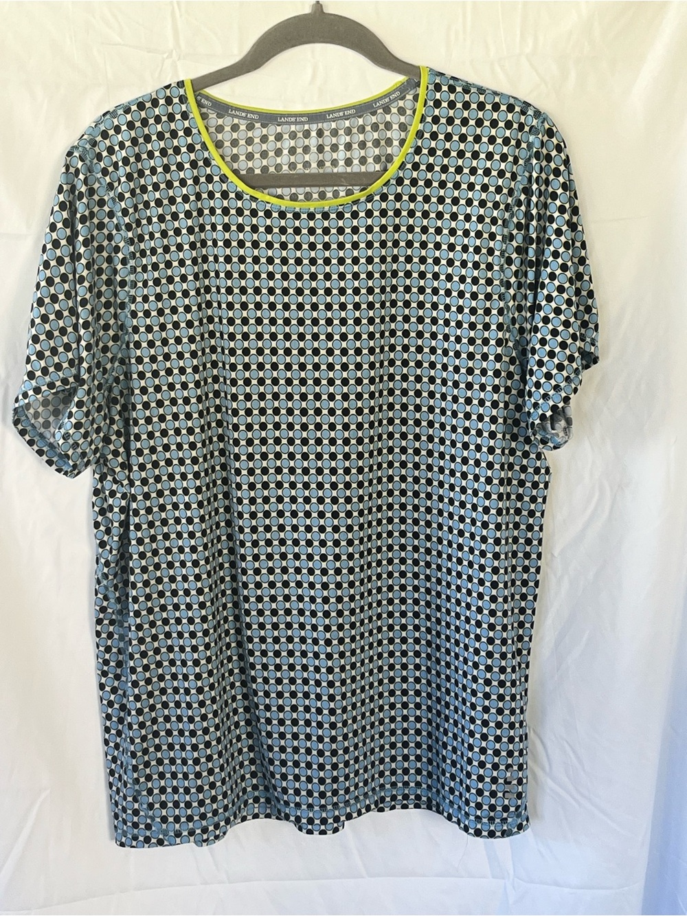 Lands' End Short Sleeve Geometric Dot Tee in Blue and Black with Lime Trim
